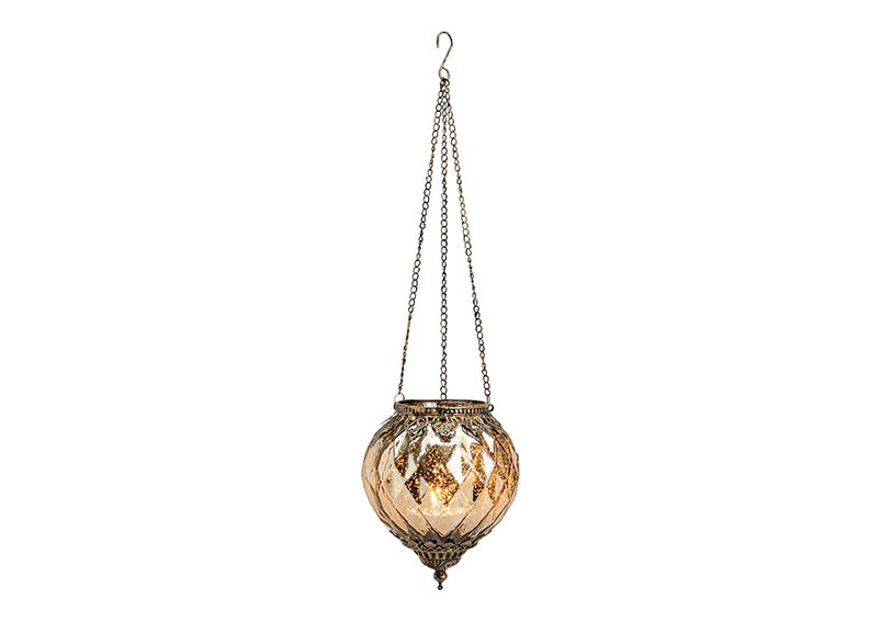 Windlight morocco design for hanging with a chain 35 cm, glass & metal, gold (w/h/d)15x19x15cm