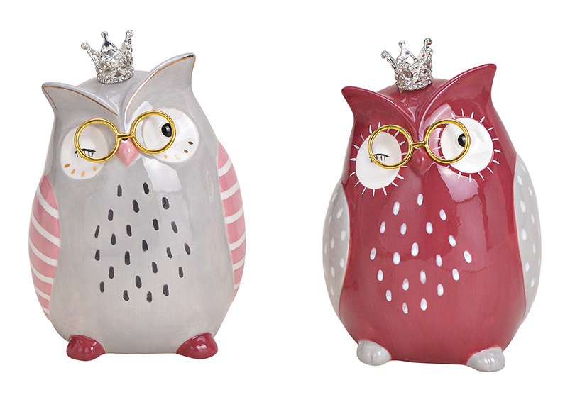 Owl with crown ceramic pink/rose/grey 2-asst. 9x14x8cm