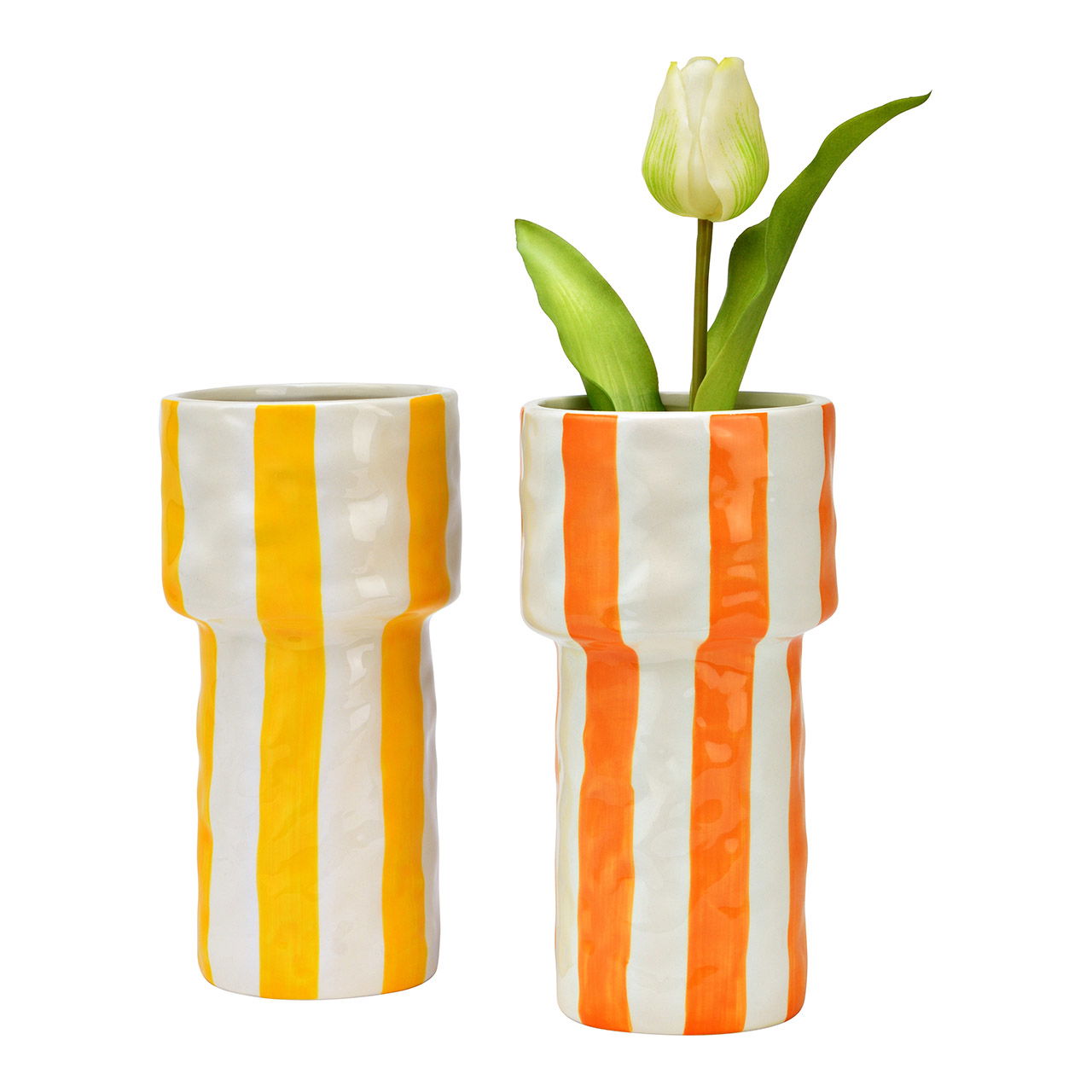 Vase gestreift für Trockenblumen aus Keramik, 2-fach, Gelb/Orange (B/H/T) 10x20x10cm