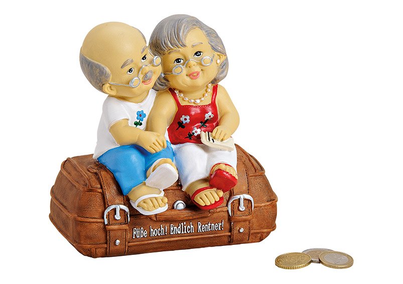 Tirelire Couple de retraités sur valise en poly Coloré, (L/H/P) 15x16x9 cm