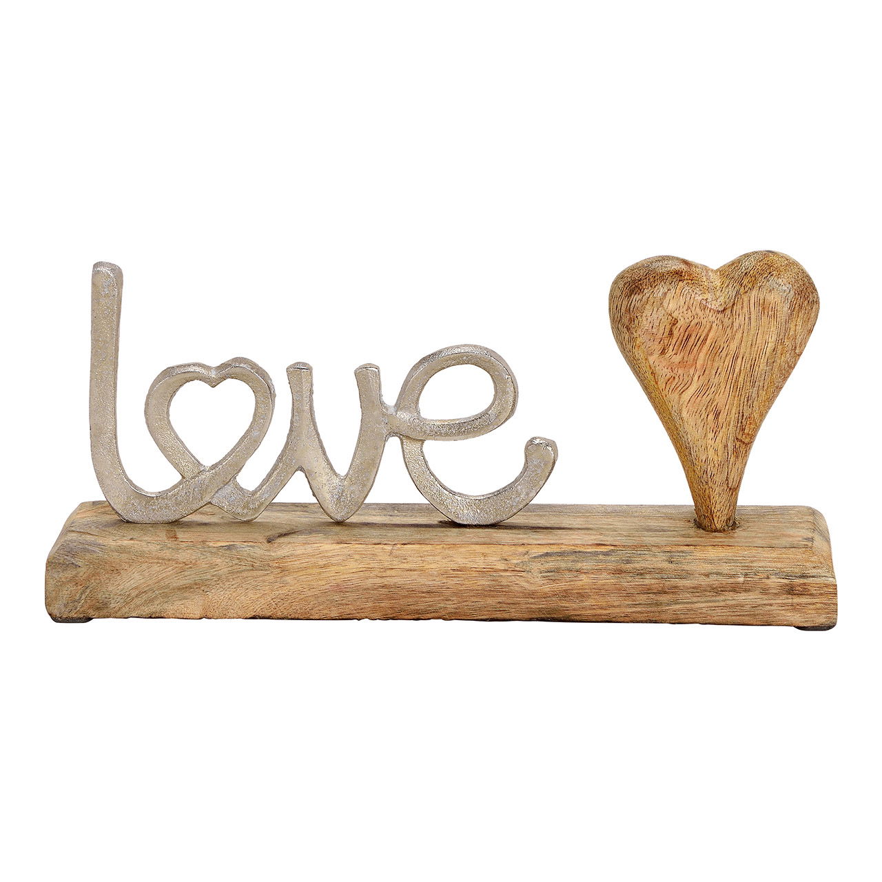 Display lettering LOVE in metallo con cuore in legno di mango e base argento, marrone (w/h/d) 25x12x5cm