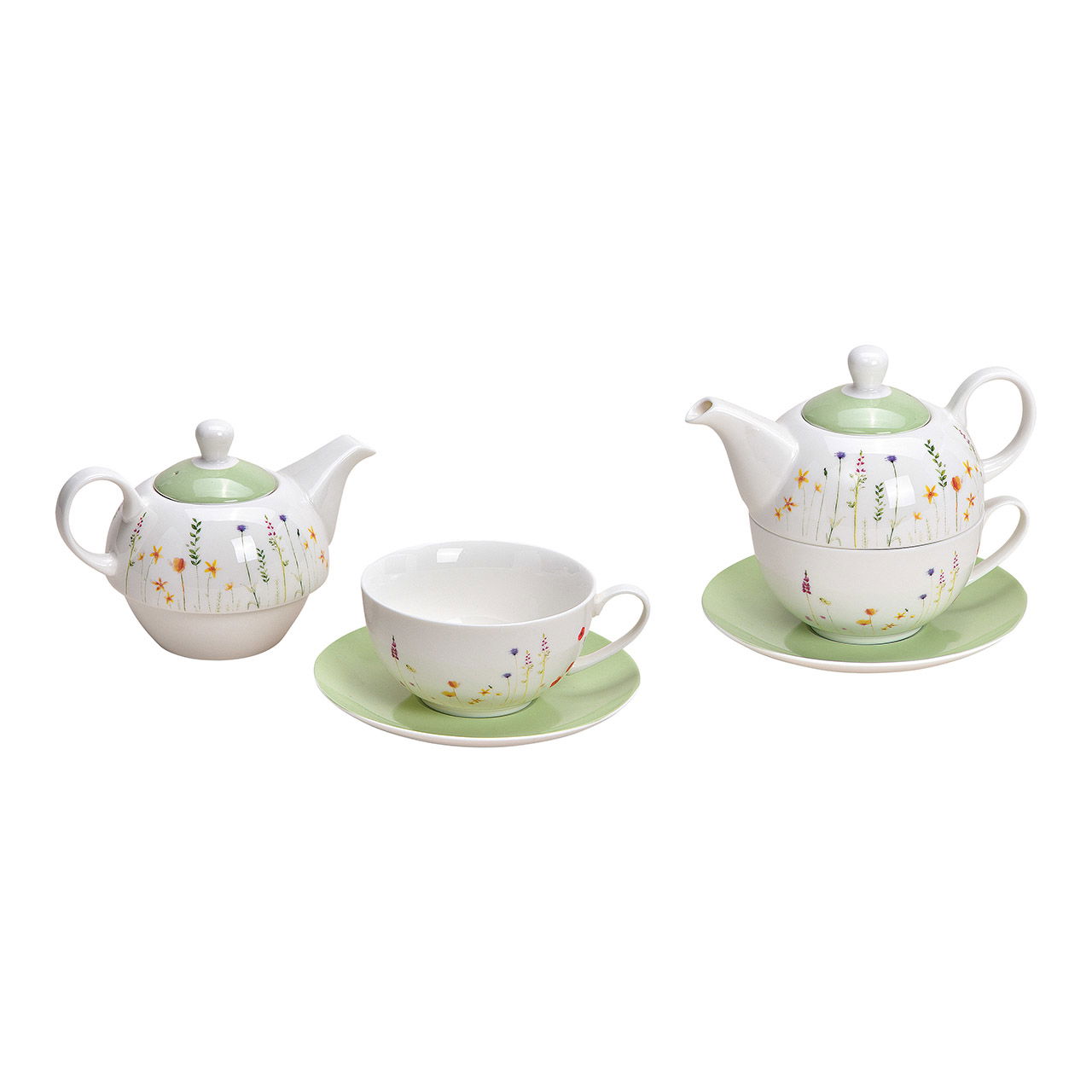 Set di teiere in porcellana con decoro floreale, bianco, set di 3, (L/A/D) 16x15x15cm 450ml, tazza, 200ml