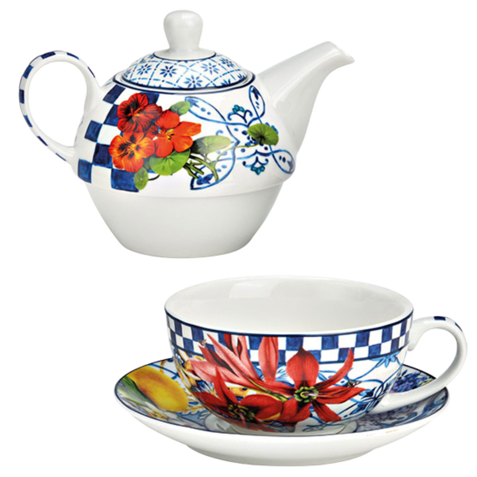 Teekannen-Set mit Blumen Dekor 3-er Set, aus Porzellan bunt (B/H/T) 16x16x14cm