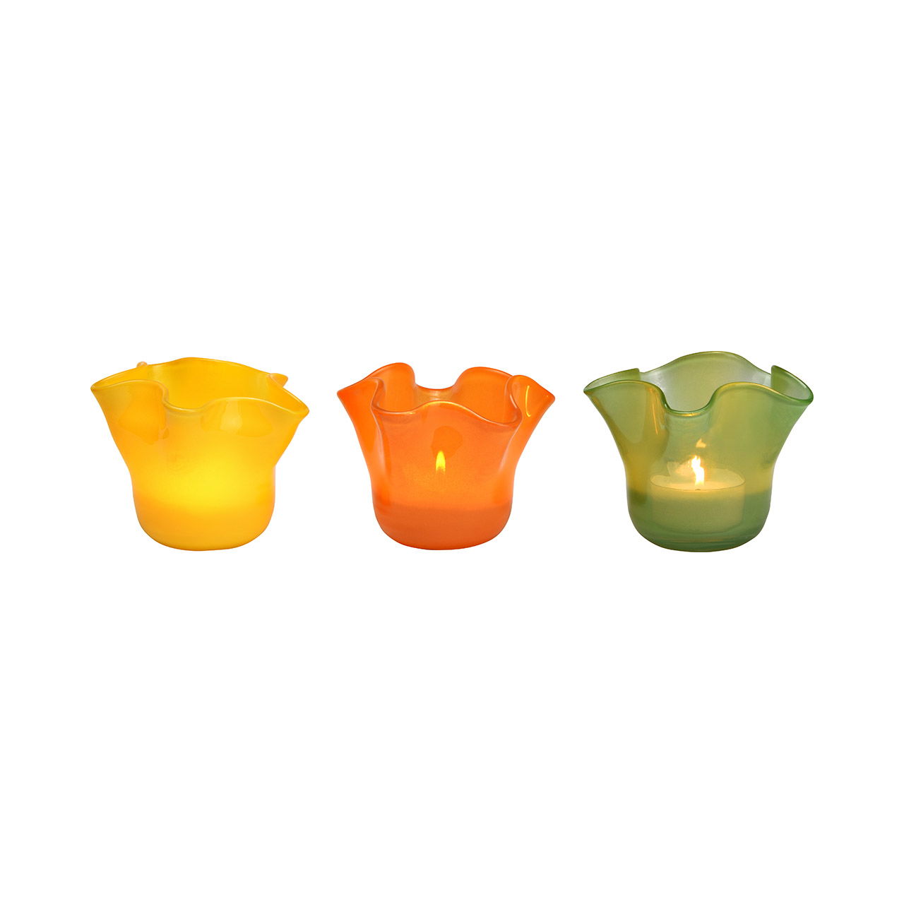 Glass tea light holder, 3-fold, orange/green/yellow (W/H/D) 12x10x12cm