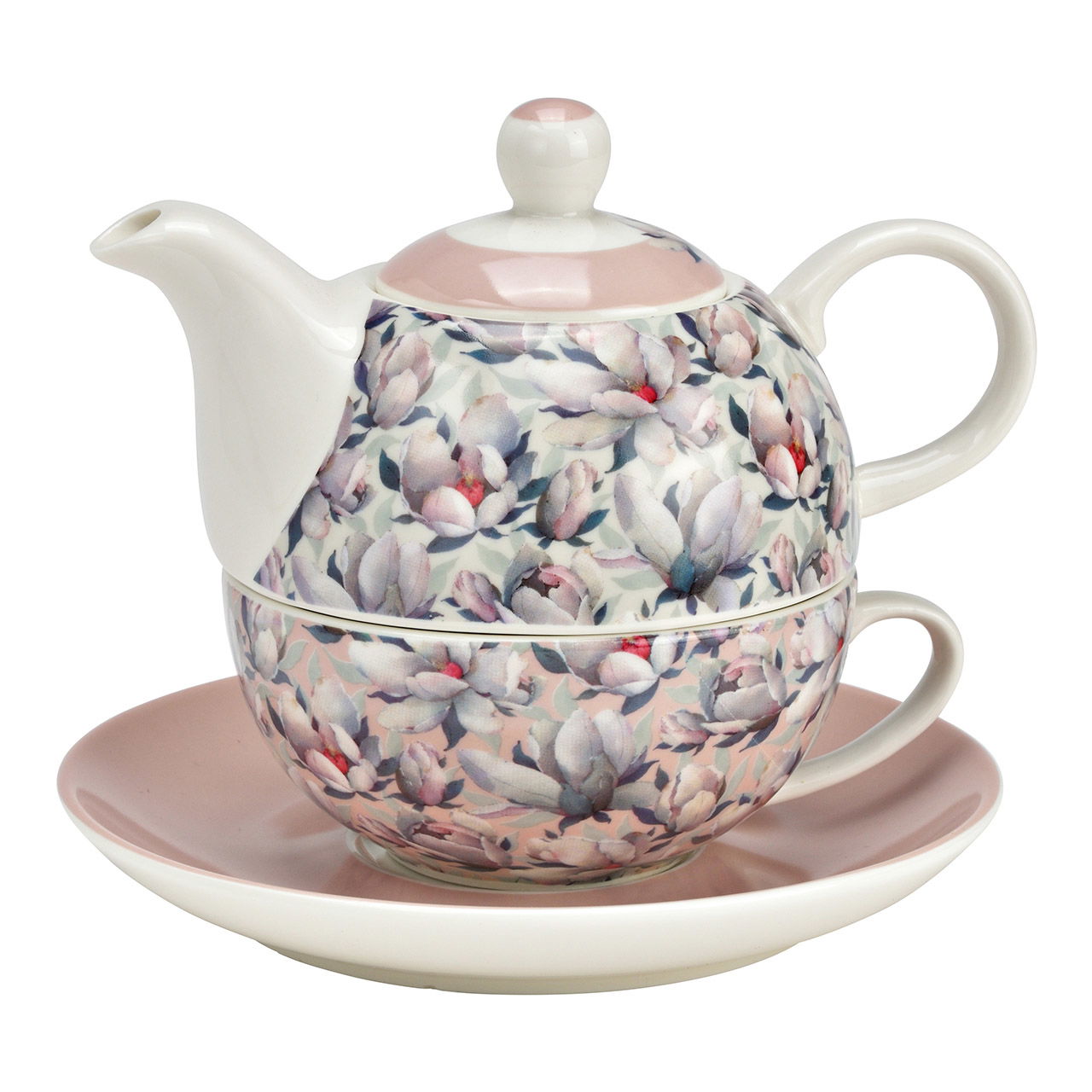 Theepot set magnolia bloem decor set van 3, gemaakt van porselein roze/roze (B/H/D) 15x16x15cm 400ml/250ml