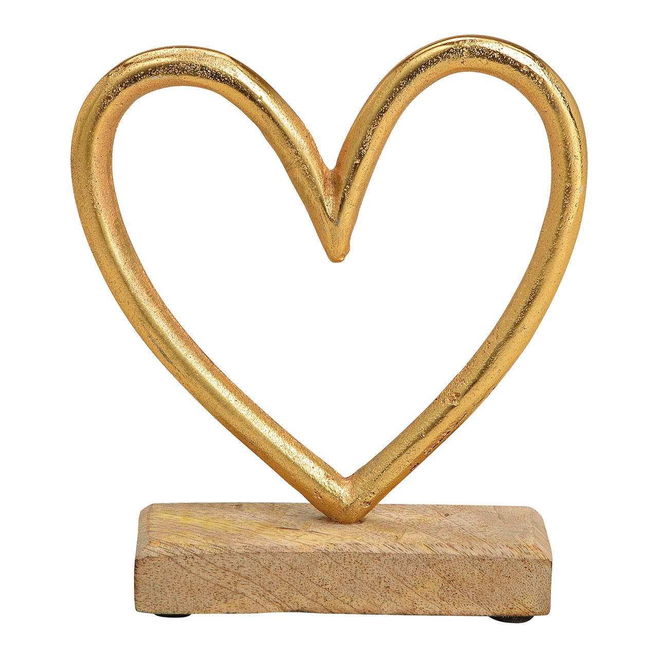 Corazón sobre base de madera de mango, metal dorado (c/h/d) 16x17x5cm