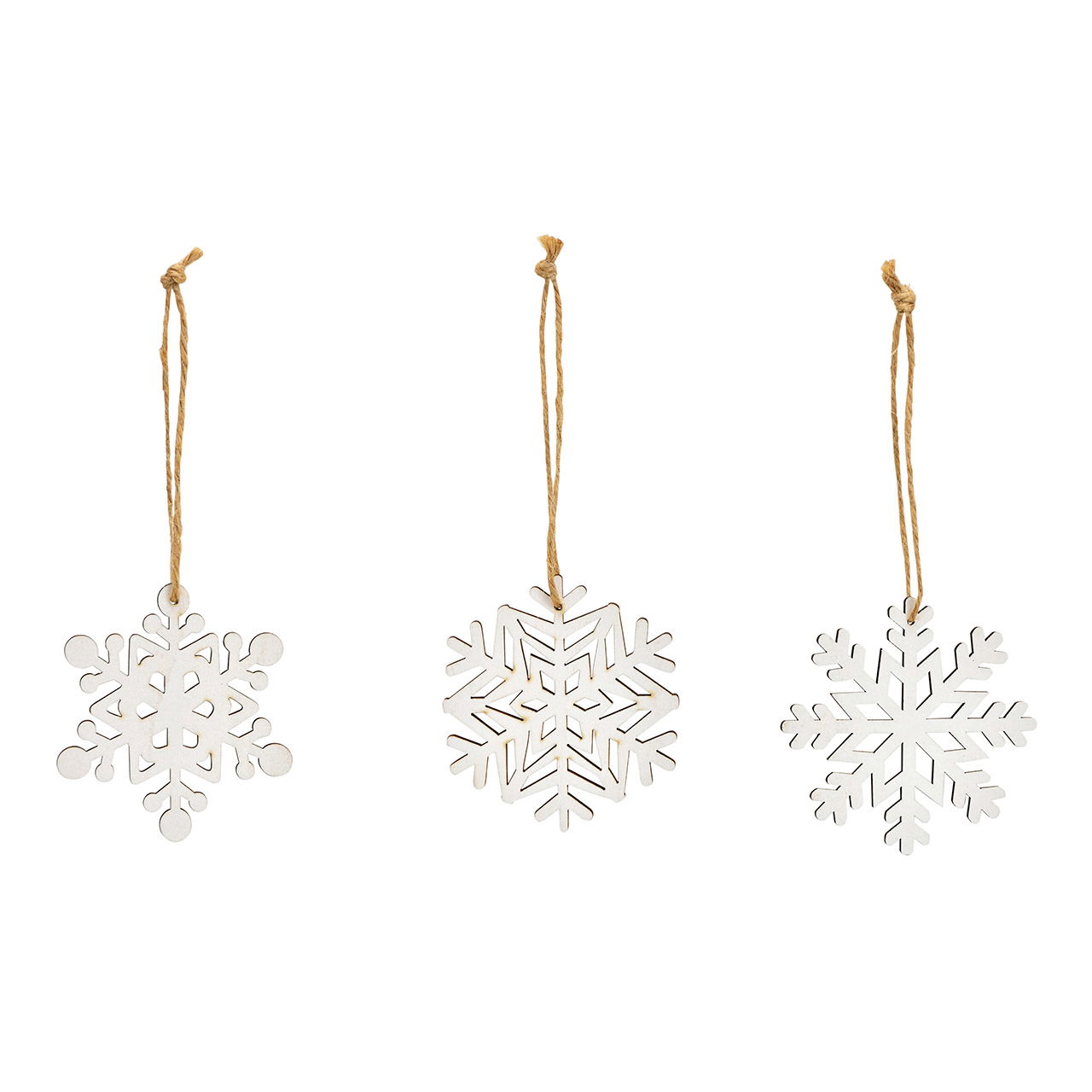 Set de 18 pendentifs flocon de neige 7x7cm en bois blanc, (L/H/P) 20x14x3cm