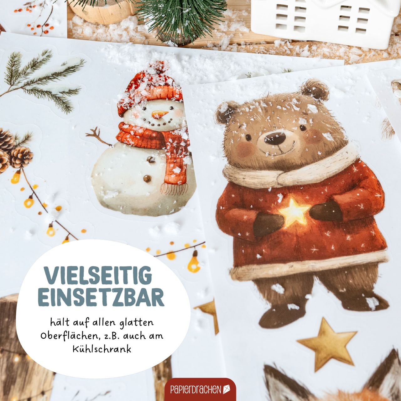 Weihnachtsdeko, Wintermotiv, Tiere, Bär, Schneemann