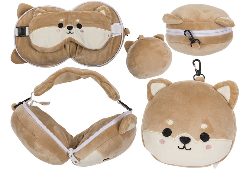 Cuscino da viaggio in peluche per bambini con maschera per gli occhi Shiba Inu, in tessuto marrone (L/H/D) 14x15x9cm