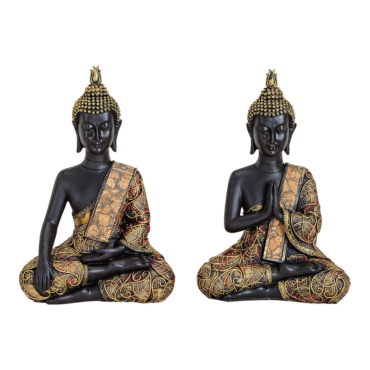 Bouddha en noir/or en poly, assorti 2 fois, L14 x P7 x H21 cm Bouddha en noir/or en poly, assorti 2 fois, L14 x P7 x H21 cm