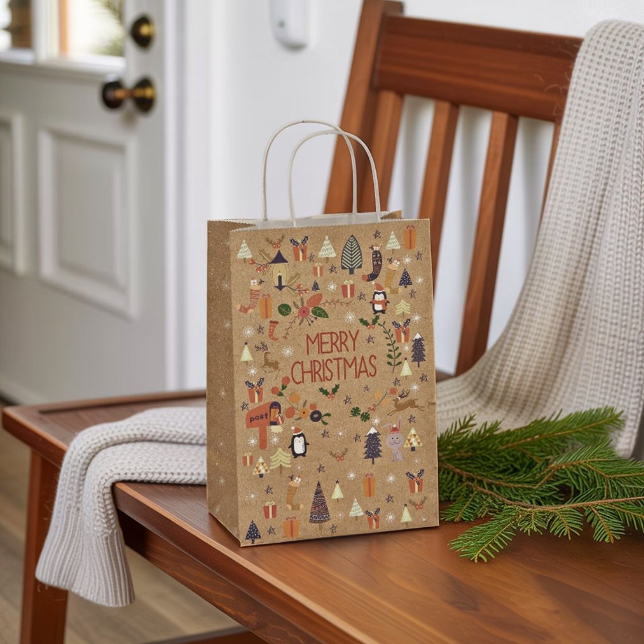 Geschenktüte, Weihnachts Dekor, aus Papier/Pappe braun (B/H/T) 18x27x10cm