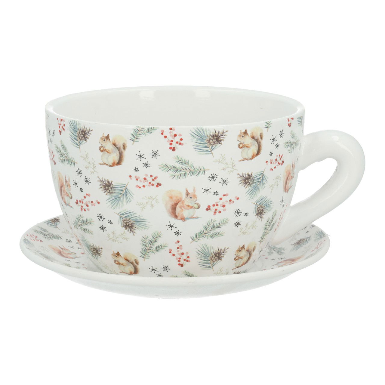 Pflanztasse Eichhörchen Dekor aus Keramik Weiß (B/H/T) 25x14x23cm Untertasse, Tasse, Kunst, Porzellan, Töpferei
