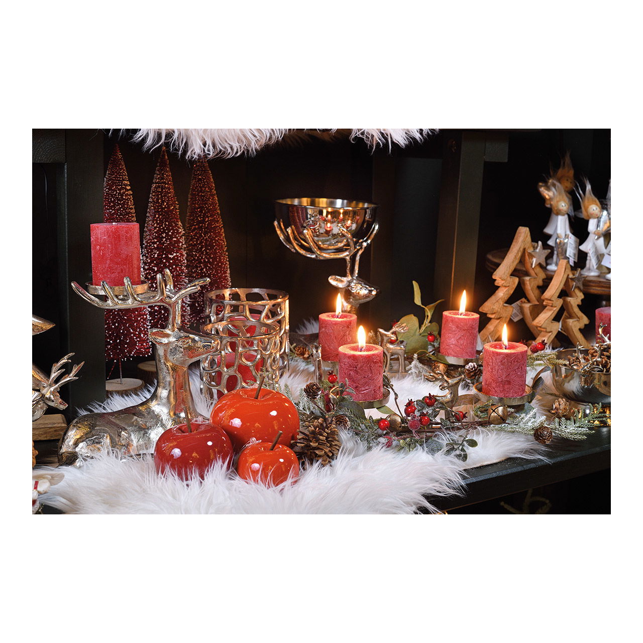 Adventskranz mit Hirsch Figuren aus Metall, Silber (B/H/T) 39x8x39cm Kerze