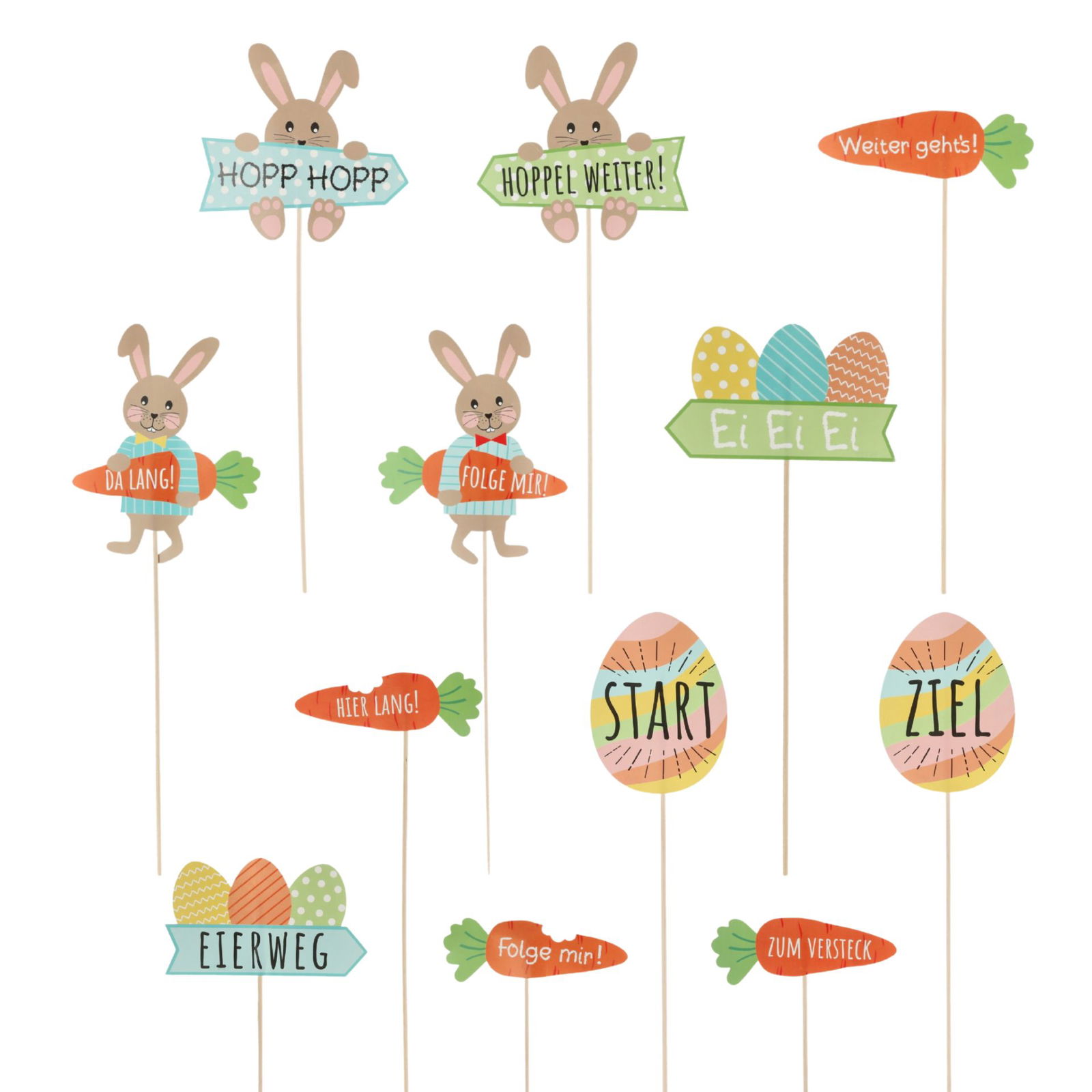 Blumenstecker Wegweiser Eiersuche aus Papier/Birkenholz, 12er Set, (H) 45cm/(B/H/T) 14x45,5x0,5cm Essen, Süßigkeiten