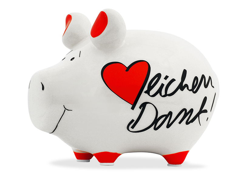 KCG Sparschwein "Herzlichen Dank!" aus Keramik, Weiß/Rot (B/H/T) 12,5x9x9cm Kleinschwein Sparschwein