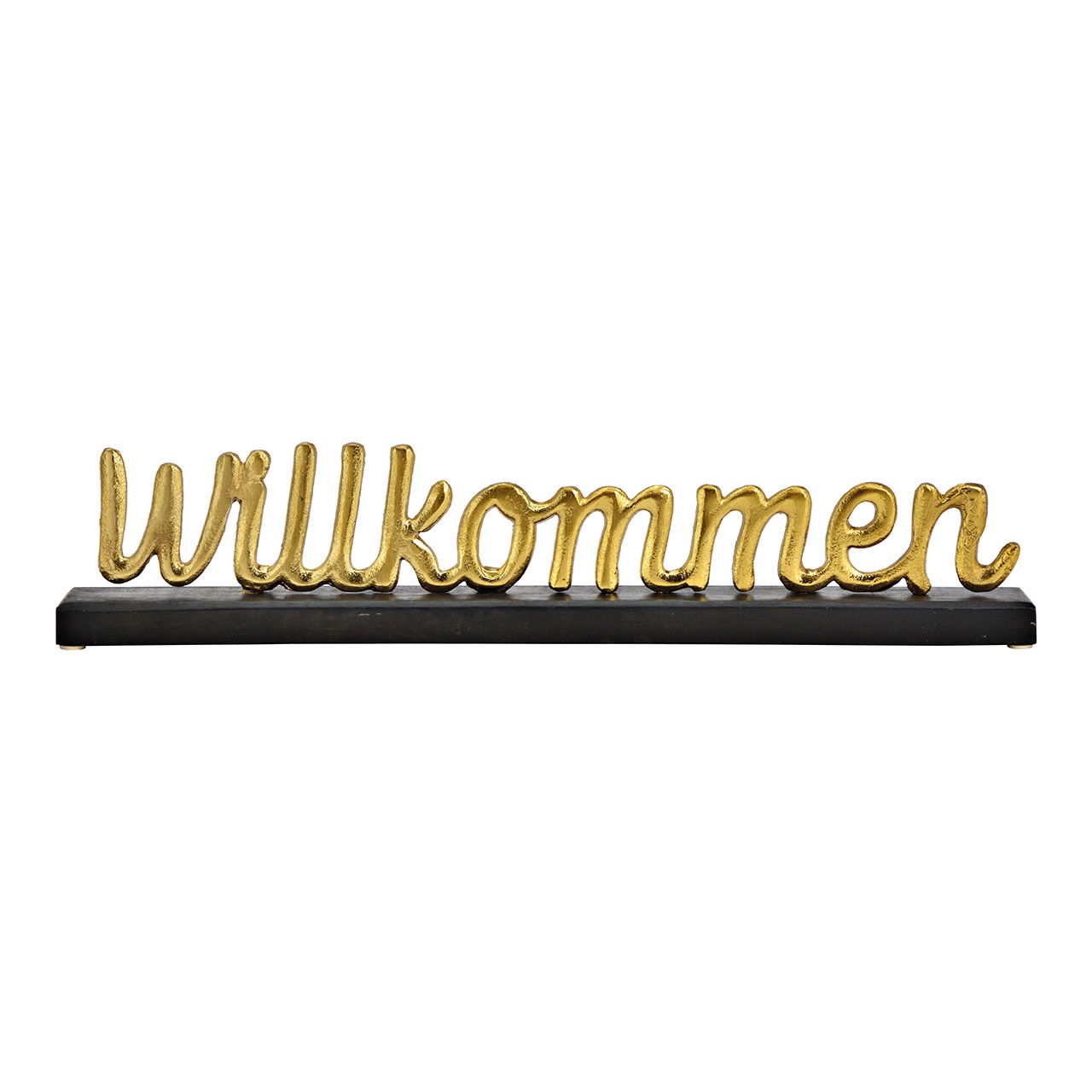 Aufsteller Schriftzug, Willkommen, auf Mangoholz Sockel, aus Metall Gold, schwarz (B/H/T) 50x10x5cm