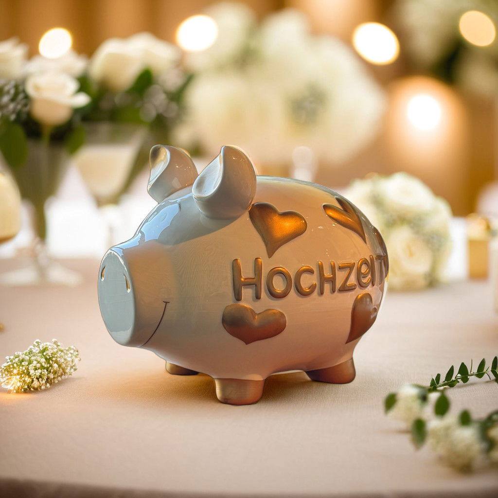 KCG Sparschwein "Hochzeit" aus Keramik, Weiß/Gold (B/H/T) 30x25x25 cm Monsterschwein Sparschwein