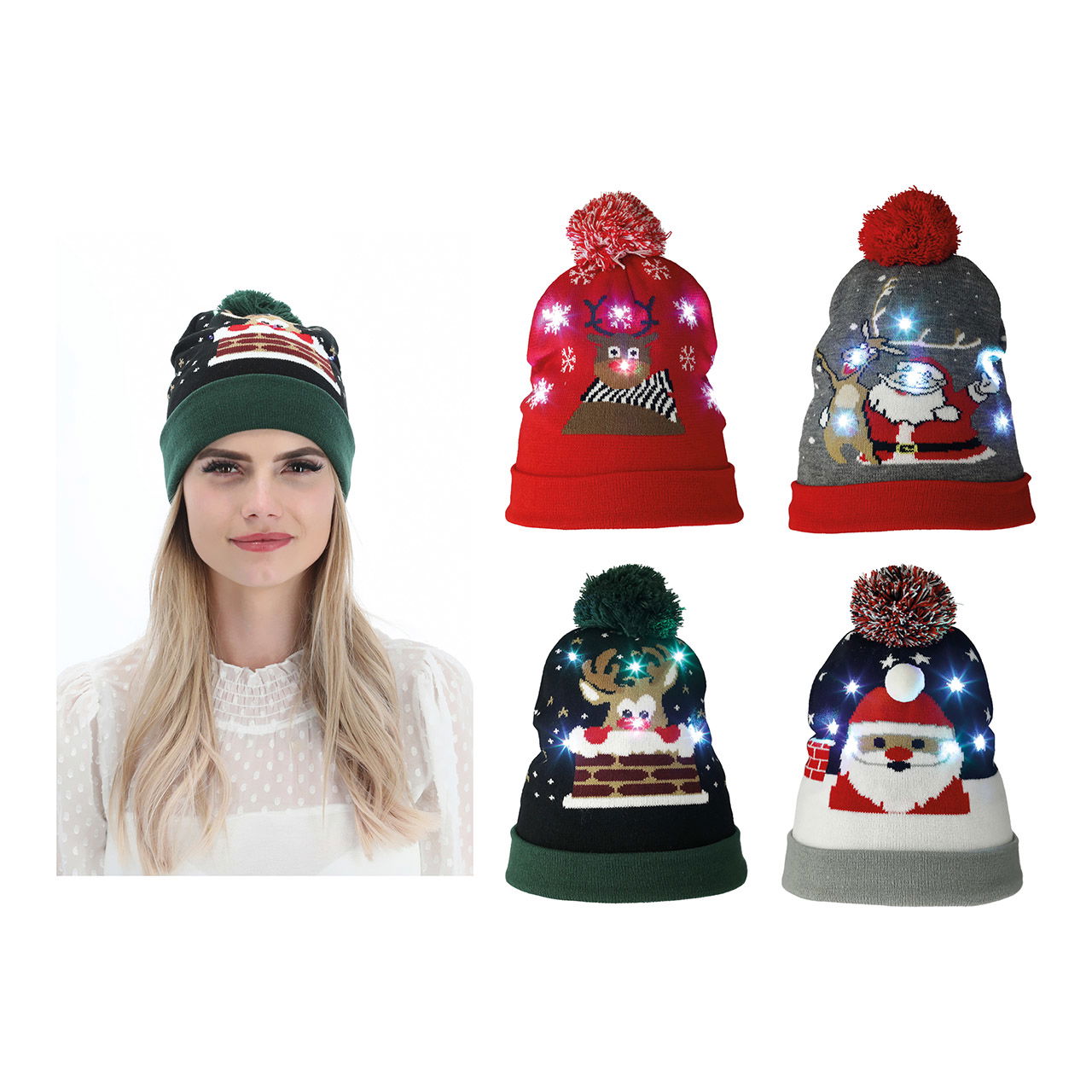 Cappello natalizio a LED con 6 LED in tessuto colorato a 4 pieghe,