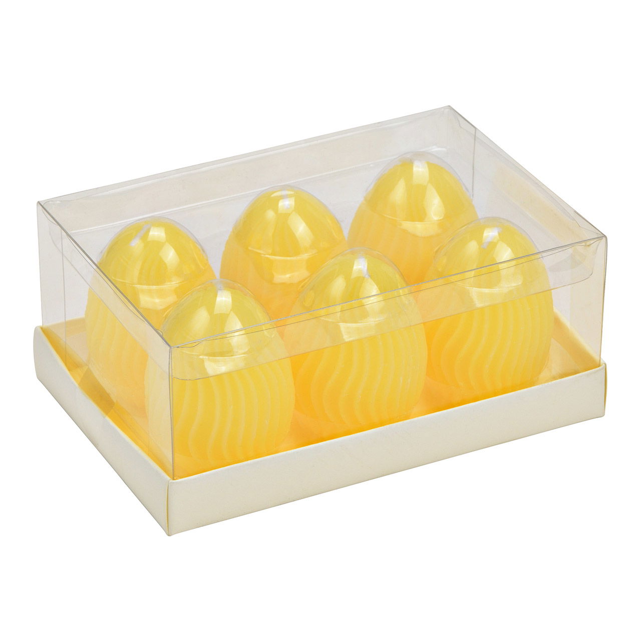 Candela uovo di Pasqua 3D a strisce in cera (tempo di combustione circa 3 ore), set di 6, giallo (L/H/D) 5x6x5cm Candela uovo di Pasqua 3D a strisce in cera (tempo di combustione circa 3 ore), set di 6, giallo (L/H/D) 5x6x5cm