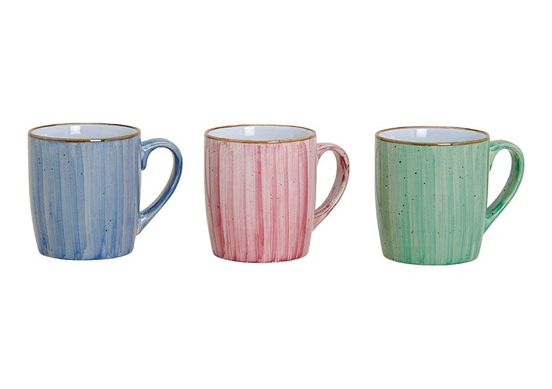 Mug, ceramic, blue/pink/green, 3 assorted (b/h/d) 11x9x8cm