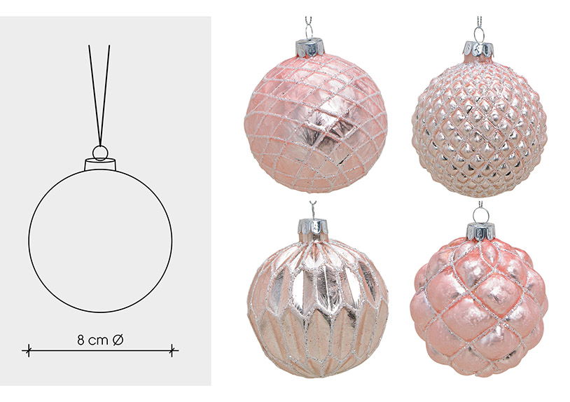 Weihnachtskugel Glitter aus Glas, 4-fach, Pink/Silber Ø8cm Zubehor