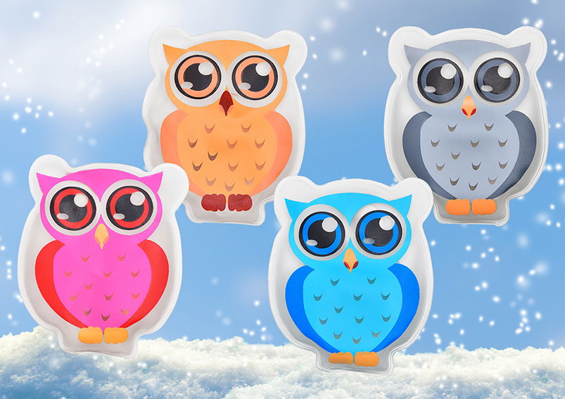 Taschenwärmer aus Kunststoff, Eule, 4-fach sortiert, B8 x H10 cm Taschenwärmer aus Kunststoff, Eule, 4-fach sortiert, B8 x H10 cm