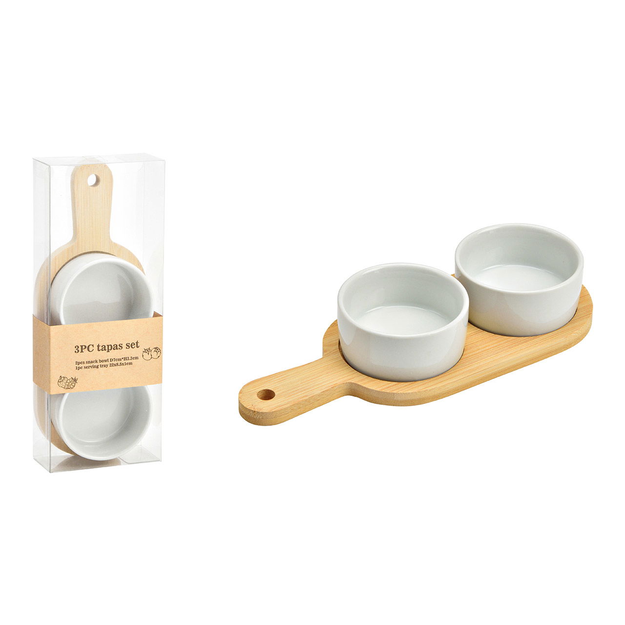 Tapas set of 3, natural, bamboo serving board (W/H/D) 22x1x8cm 2 ceramic bowls 3cm x Ø7cm