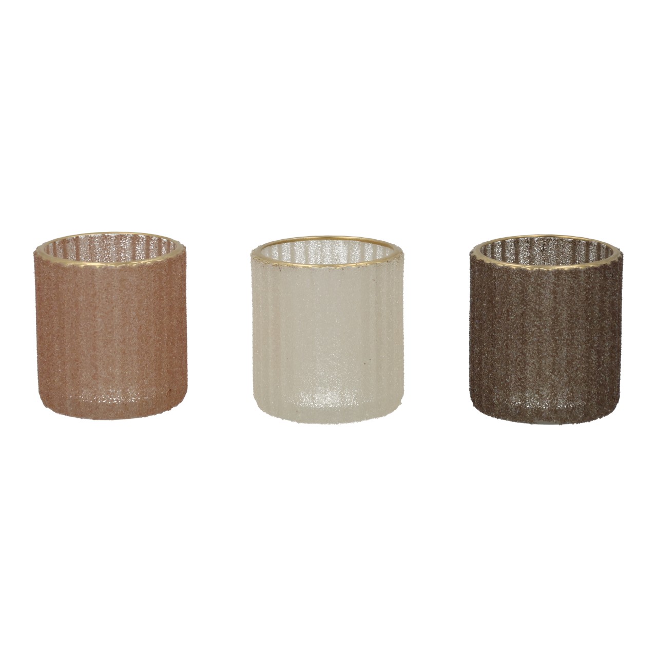 Portavelas de cristal, color beige, surtido de 3 unidades (ancho/alto/profundidad) 6x6x6 cm Kerzenhalter, Votivkerzenhalter, Glas, transparenter Glaskörper, goldene Randkante