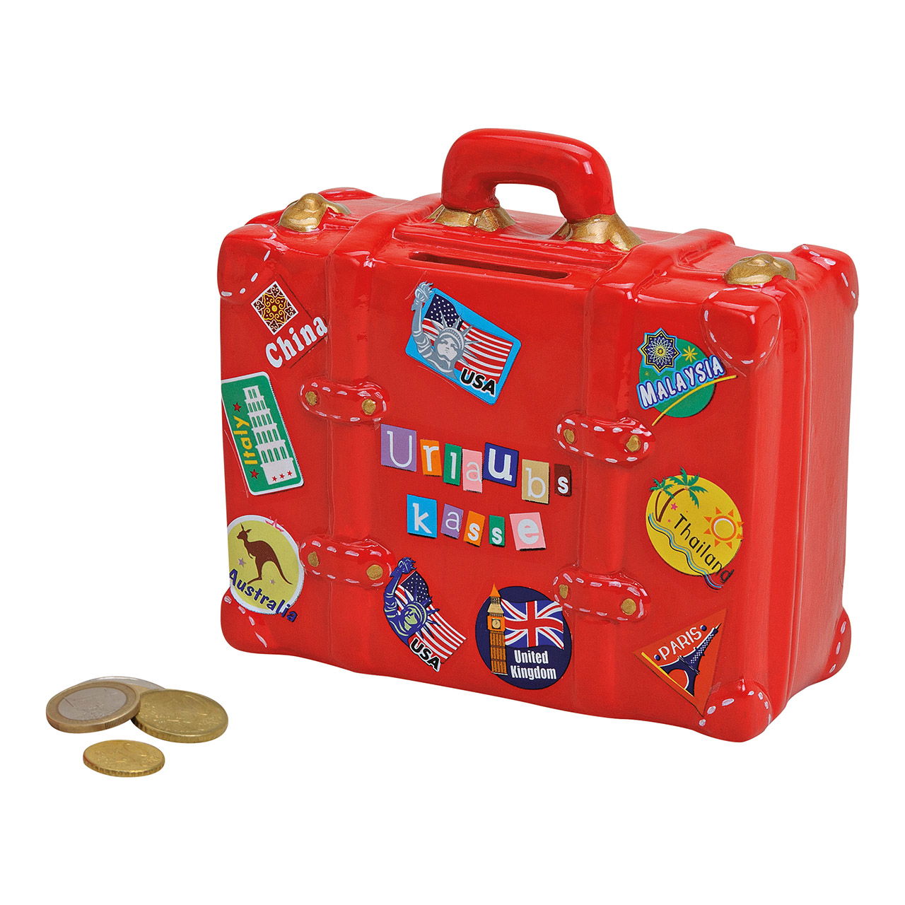 Tirelire valise avec autocollants de vacances en céramique, (L/H/P) 14x13x6 cm