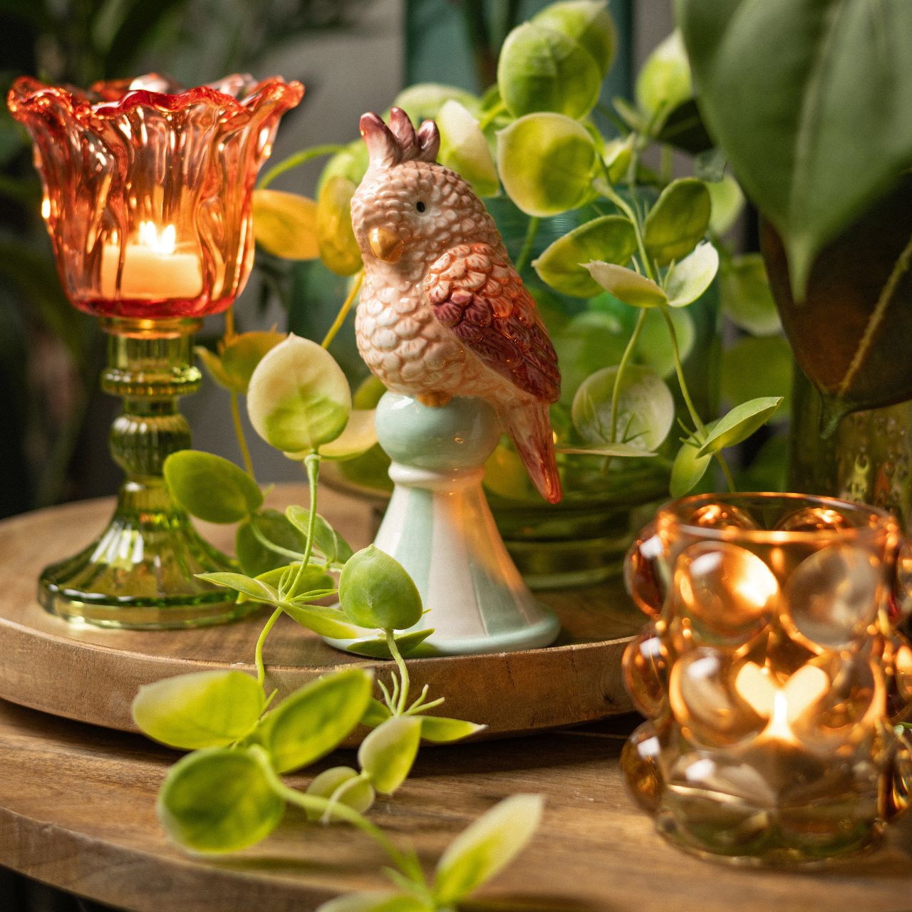 Dekoration, Vogelfigurine, Kerzenhalter, Glashalter, Blumen