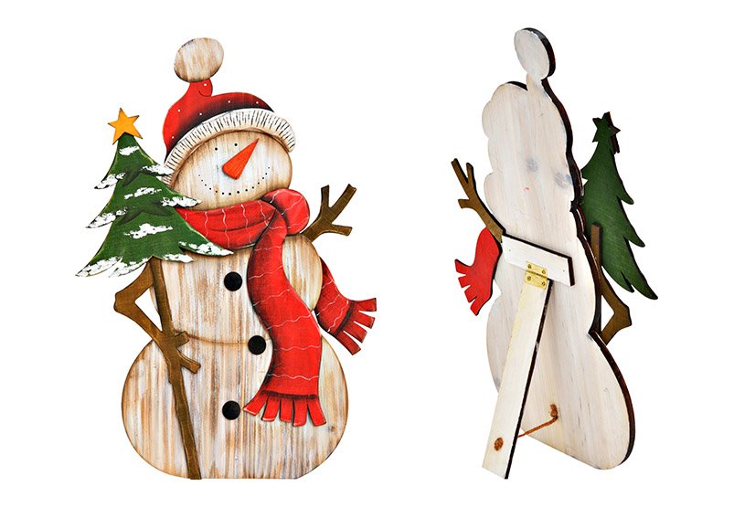 Expositor muñeco de nieve de madera coloreada, (A/H/D) 32x46x10cm