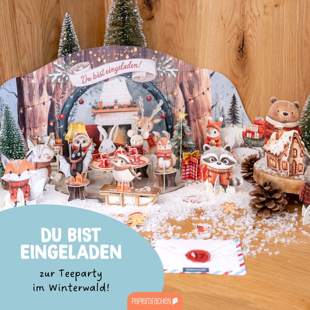 Adventskalender – Teeparty Waldtiere aus Papier/Pappe Bunt 24er Set (B/H/T) 32x22x1cm Weihnachtsdeko, Kuscheltier, Winterlandschaft, Papiertheater, Figurenset