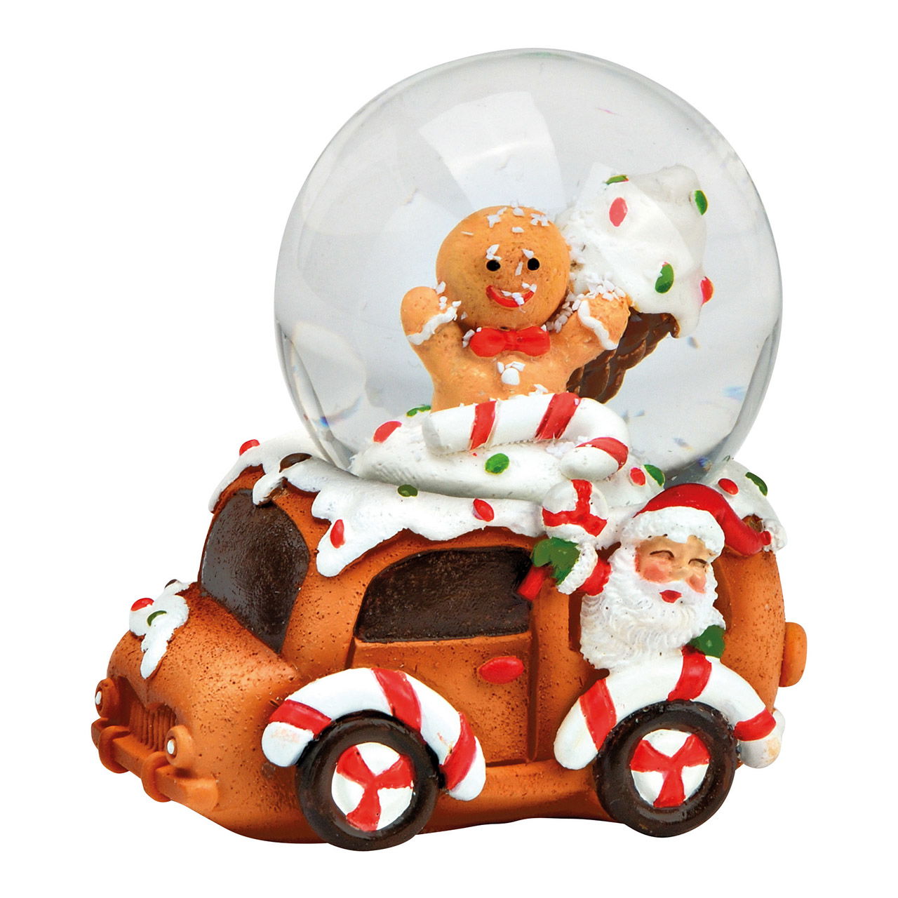 Boule à neige motif de Noël en pain d'épice en poly/verre multicolore (L/H/P) 6x7x5cm Boule à neige motif de Noël en pain d'épice en poly/verre multicolore (L/H/P) 6x7x5cm
