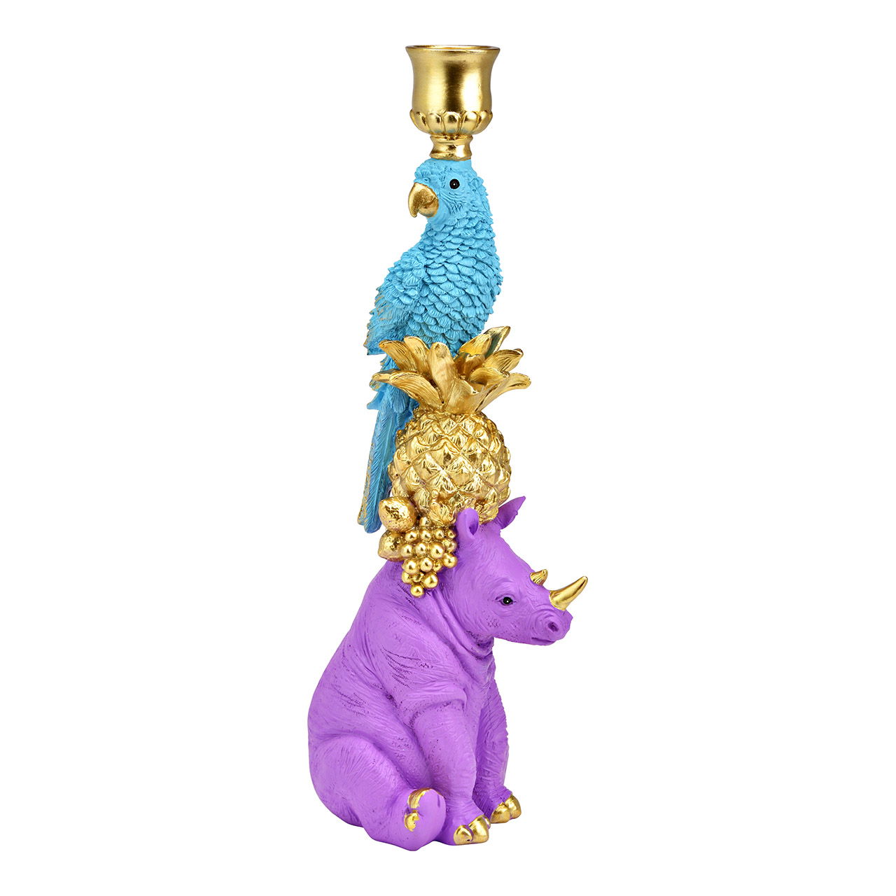 Kerzenhalter Nashorn/Papagei Pyramide aus Poly, Lila/Blau/Gold (B/H/T) 9x33x12cm