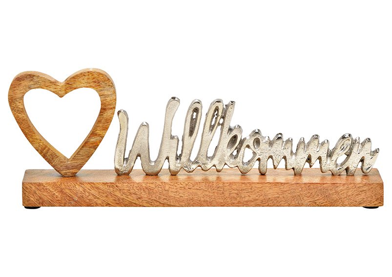 Inscription, Bienvenue, décor cœur sur socle en bois de manguier, métal argenté (L/H/P) 35x12x5cm