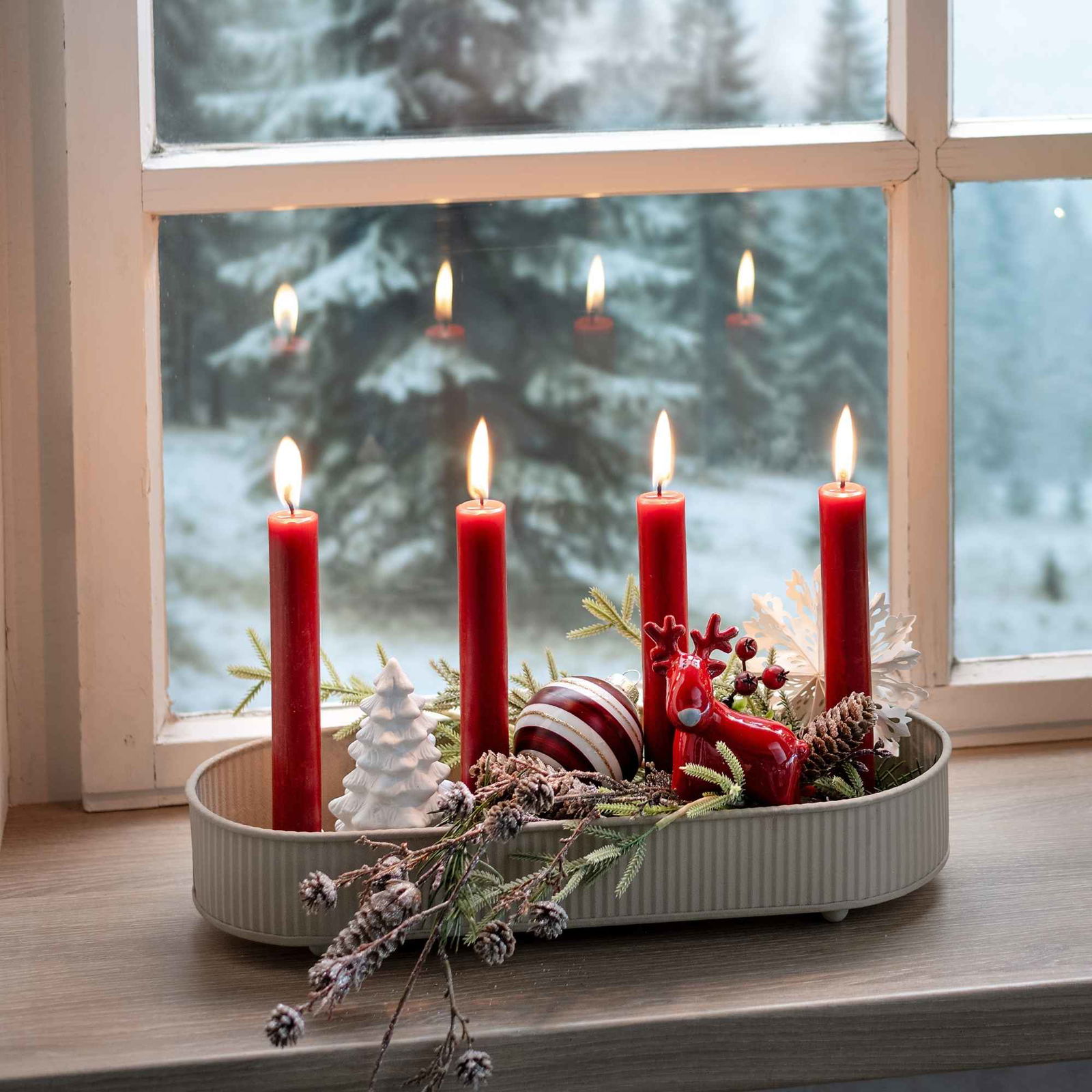 Arreglo de Adviento, portavelas de metal, beige (A/A/P) 35x6x13cm Kerze