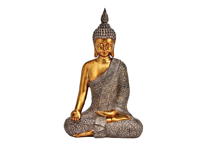 Boeddha van poly bruin, goud (B/H/D) 19x30x11cm