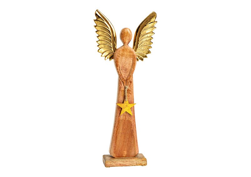 Angelo da esposizione con ali di metallo, ciondolo a stella di legno di mango marrone, oro (w/h/d) 17x45x6cm