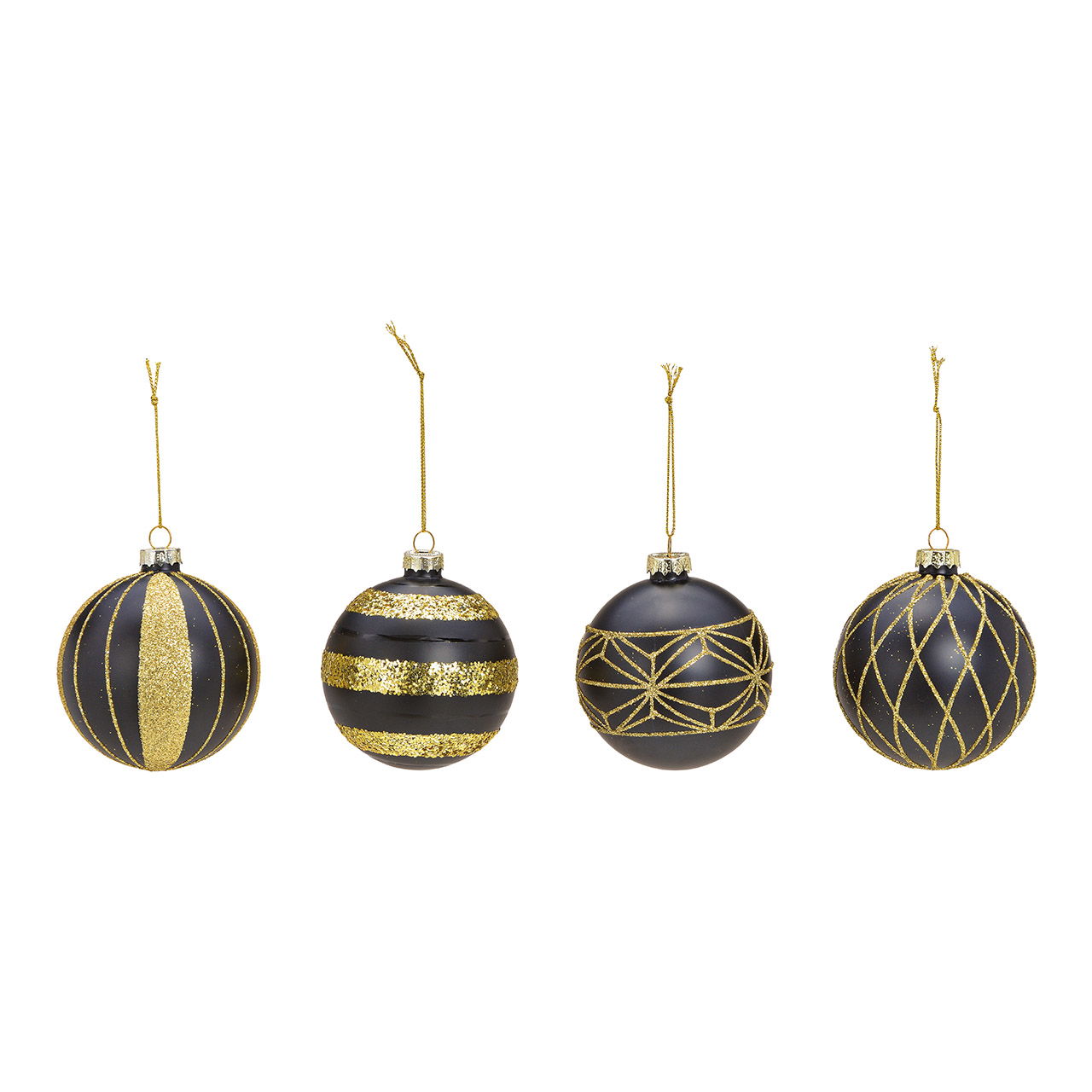 Palla di Natale decorazione glitter di vetro nero, oro 4 volte, Ø8cm