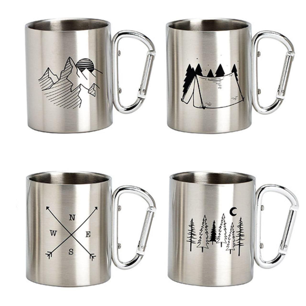 Edelstahlbecher mit Karabiner, Travel, doppelwandig aus Metall 4-fach, (B/H/T) 8x9x4cm Pokal