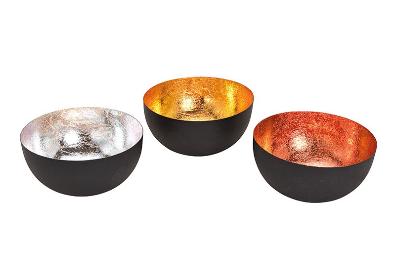 Windlight bowl, metal, black/gold, bronze, silver, 3 asst. 15x8x15cm