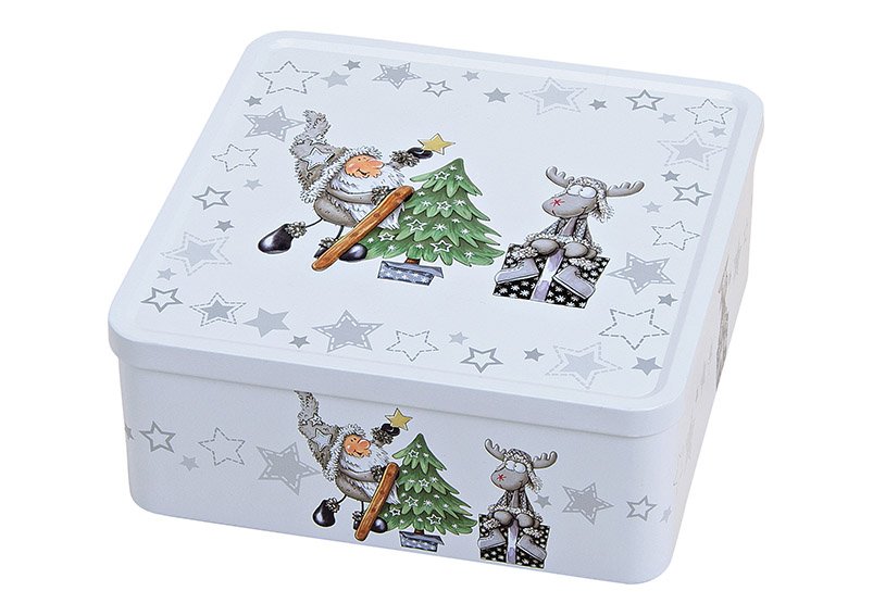 Boîte 3D motif Père Noël et élan, carrée, en métal gris (L/H/P) 19x8x19cm