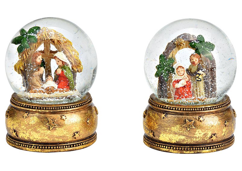 Poly snow globe nativity, glass colored 2-fold, (W/H/D) 6x9x6cm