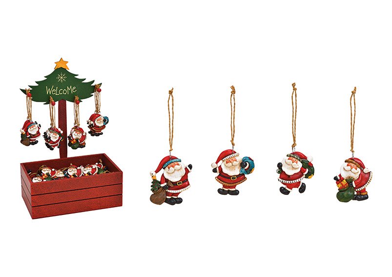 Christmas hanger, santa, in tree displaybox, welcome, 30x36x11cm, poly, 4 asst. 5x6cm