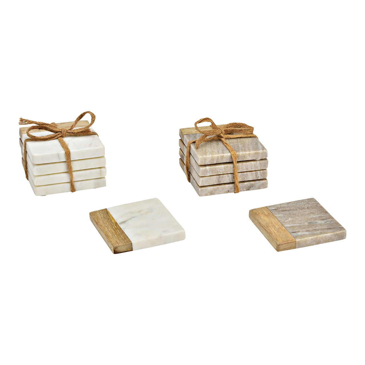 Untersetzer aus Marmor/Mangoholz, 4er-Set, 2-fach, Beige/Weiß (B/H/T) 10x1x10cm