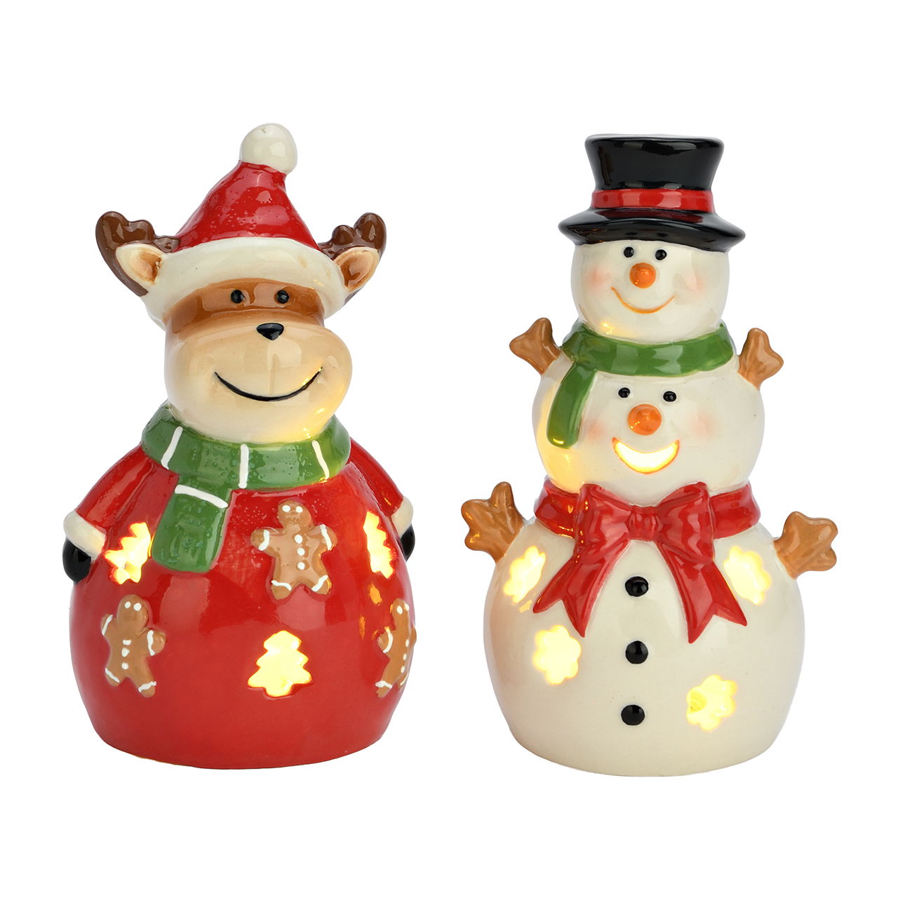 Schneemann/Elch mit LED aus Porzellan Weiß 2-fach sortiert (B/H/T) 8x13.3x6.5cm exkl. 3xLR44 Natur, Im Freien, Winter, Schneemann, Spielzeug