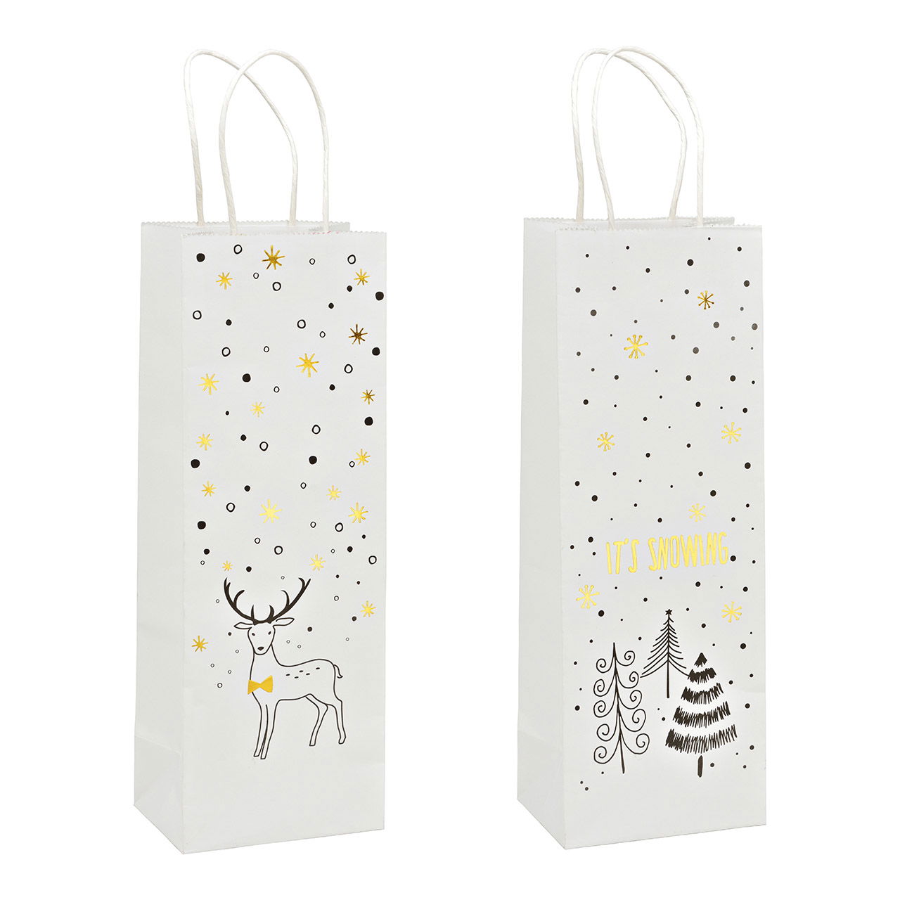 Flaschentüte, It`s snowing, Hirsch, aus Papier/Pappe weiß 2-fach, (B/H/T) 12x35x9cm Flaschentüte, It`s snowing, Hirsch, aus Papier/Pappe weiß 2-fach, (B/H/T) 12x35x9cm