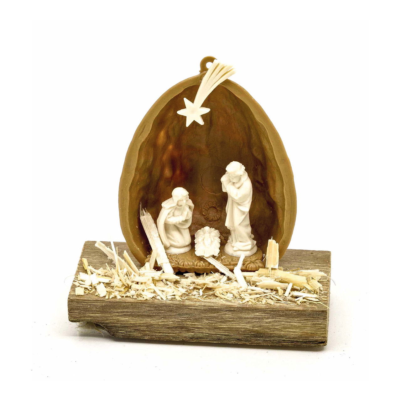 Crèche dans la moitié d'une noix sur un panneau en bois, à coller, en plastique, bois brun (L/H/P) 5x5x2cm