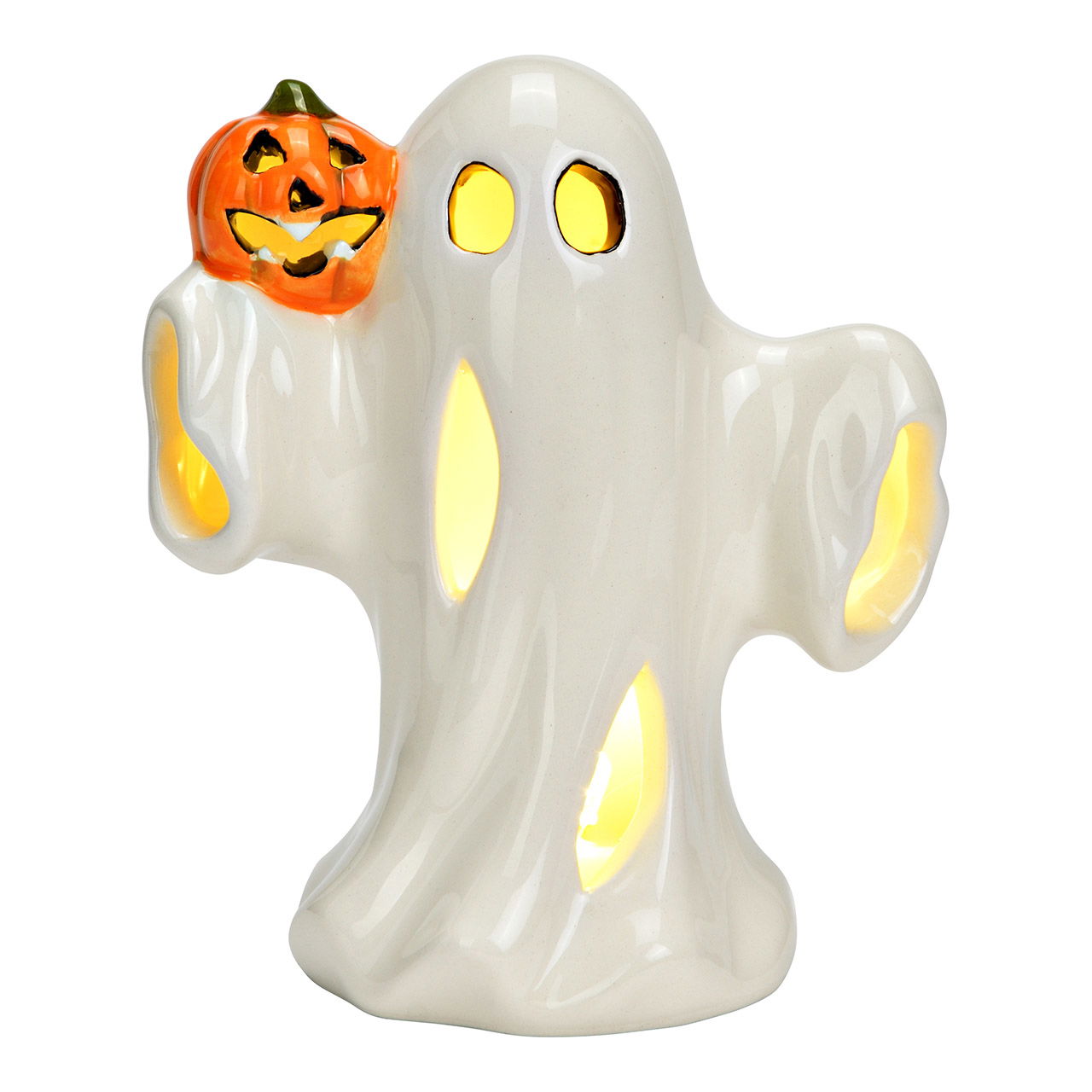 Figuur spook met pompoen met LED gemaakt van keramiek, wit/oranje (B/H/D) 10x12x6cm Werking op batterijen 2xLR44 niet inbegrepen
 