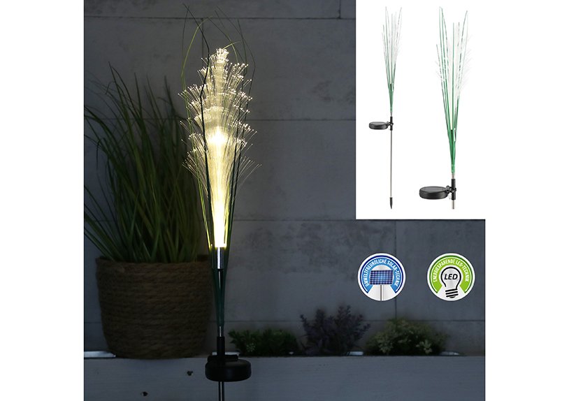 Enchufe solar LED para jardín, hierba de la pampa, de acero inoxidable, plástico blanco (A/A/A) 10x78x6cm LED blanco cálido, interruptor de encendido, apagado, incl. 1x1,2V AA 300mAh, pila Ni-MH, IP44